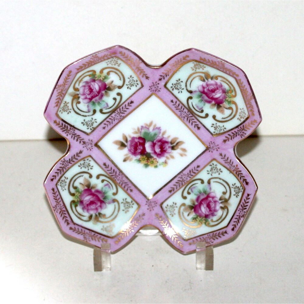 Royal Sealy X Shape dish saucer pink gold porcelain primrose floral vintage
